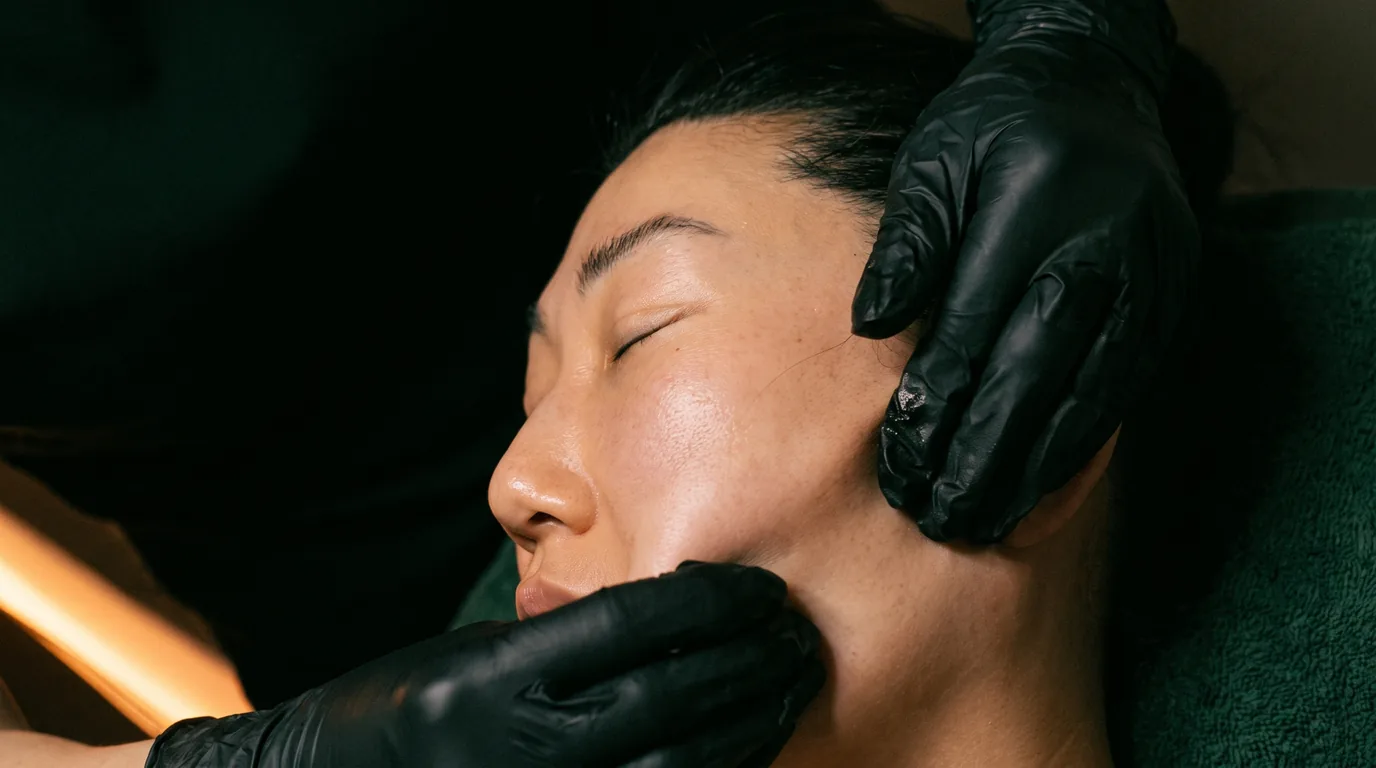 Gloved hands performing buccal massage at the cheek and jaw during a Restorative Buccal Facial at Altru Radiance in Murray, Utah