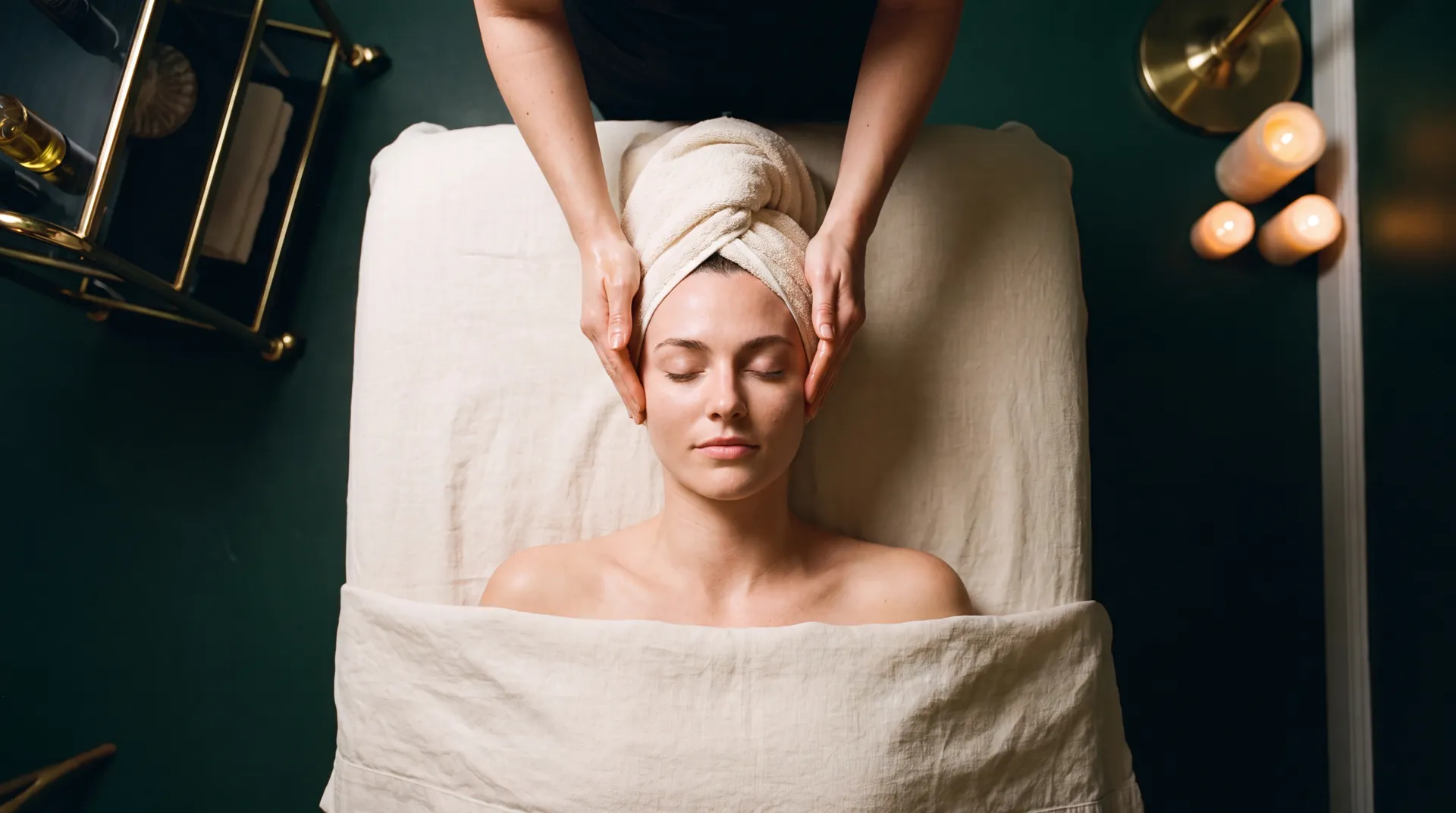 Esthetician's hands at the temples mid facial-massage stroke, seen from above